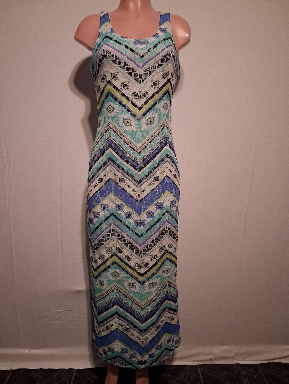 Derek Heart Aztec Chevron Lace Overlay Racerback Maxi Dress Size M